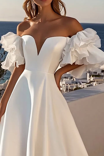 Ivory Off The Shoulder Ruffled Satin A Line Wedding Dress